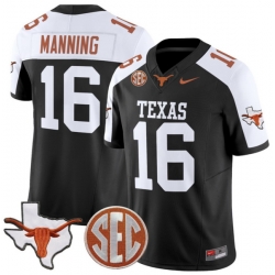 Men Texas Longhorns 16 Arch Manning Black White Map 26 SEC Patch Stitched Football Jersey