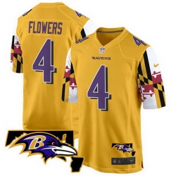 Men Baltimore Ravens 4 Zay Flowers Gold 2025 Maryland Flag Vapor Limited Football Game Jersey