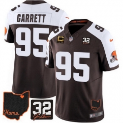 Men Cleveland Browns 95 Myles Garrett Brown Alternate 2025 F U S E  4 Star C Patch With Jim Brown Memorial  26 Home Patch Vapor Limited Stitched Football J