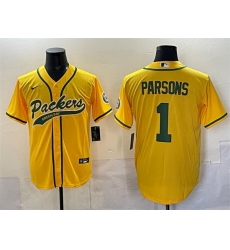 Men Green Bay Packers 1 Micah Parsons Gold Cool Base Stitched Baseball Jersey Men Green Bay Packers 1 Micah Parsons Gold Cool Base Stitched Baseball Jersey