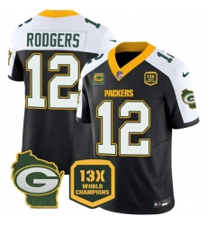 Men Green Bay Packers 12 Aaron Rodgers Black White 2023 F U S E Home Patch With 4 Star C Patch 13 Time World Champions Vapor Untouchable Limited Stitched Men Green Bay Packers 12 Aaron Rodgers Black White 2023 F U S E Home Patch With 4 Star C Patch 13 Time World Champions Vapor Untouchable Limited Stitched