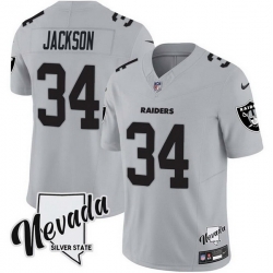 Men Las Vegas Raiders 34 Bo Jackson Grey F U S E With Nevada Silver Stat Patch Vapor Stitched Football Jersey