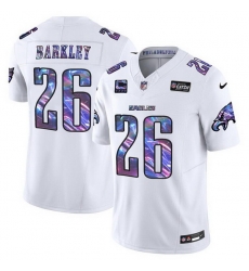 Men Philadelphia Eagles 26 Saquon Barkley White 2024 Crucial Catch F U S E  With 4 Star C Patch Vapor Untouchable Limited Stitched Football Jersey