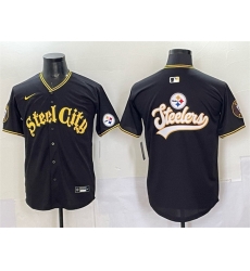 Men Pittsburgh Steelers Team Big Logo Black 412 Patch Vapor Premier Limited Stitched Baseball Jersey Men Pittsburgh Steelers Team Big Logo Black 412 Patch Vapor Premier Limited Stitched Baseball Jersey