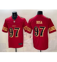 Men San Francisco 49ers 97 Nick Bosa Red Gold 2025 F U S E Rivalries Vapor Limited Stitched Football Jersey Men San Francisco 49ers 97 Nick Bosa Red Gold 2025 F U S E Rivalries Vapor Limited Stitched Football Jersey