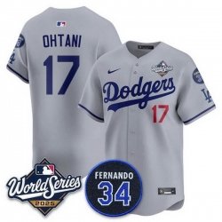 Men Los Angeles Dodgers 17 Shohei Ohtani Grey 2025 World Series With No 34 Patch Limited Stitched Baseball Jersey