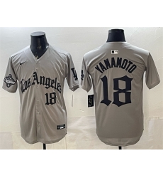 Men Los Angeles Dodgers 18 Yoshinobu Yamamoto Grey LA Gothic Style With 2025 World Series Champions Patch Limited Stitched Baseball Jersey Men Los Angeles Dodgers 18 Yoshinobu Yamamoto Grey LA Gothic Style With 2025 World Series Champions Patch Limited Stitched Baseball Jersey