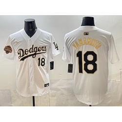 Men Los Angeles Dodgers 18 Yoshinobu Yamamoto White Gold 2025 Back to Back Champions Patch Limited Stitched Baseball Jersey