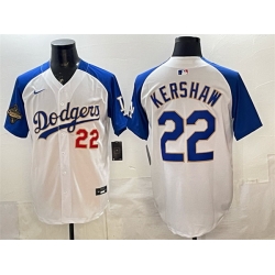 Men Los Angeles Dodgers 22 Clayton Kershaw White Royal 2025 World Series Champions Patch Limited Stitched Baseball Jersey