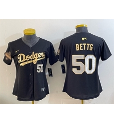 Women Los Angeles Dodgers 50 Mookie Betts Black Gold 2025 World Series Champions Patch Limited Stitched Baseball Jersey Women Los Angeles Dodgers 50 Mookie Betts Black Gold 2025 World Series Champions Patch Limited Stitched Baseball Jersey