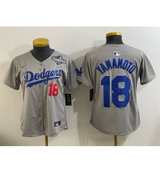 Youth Los Angeles Dodgers 18 Yoshinobu Yamamoto Grey 2025 World Series Patch Limited Stitched Baseball Jersey