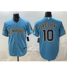Men Milwaukee Brewers  10 Sal Frelick Blue With Home   Bob Uecker Patch Stitched Baseball Jersey