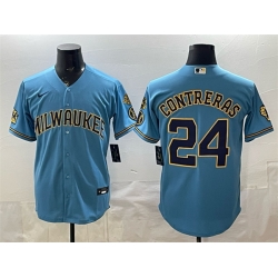 Men Milwaukee Brewers  24 William Contreras Blue With Home   Bob Uecker Patch Stitched Baseball Jersey