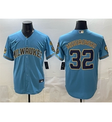 Men Milwaukee Brewers 32 Jacob Misiorowski Blue With Home Bob Uecker Patch Stitched Baseball Jersey Men Milwaukee Brewers 32 Jacob Misiorowski Blue With Home Bob Uecker Patch Stitched Baseball Jersey