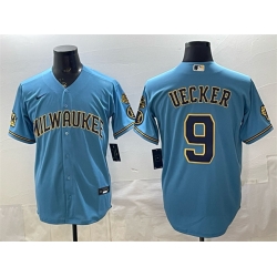 Men Milwaukee Brewers  9 Bob Uecker Blue With Home   Bob Uecker Patch Stitched Baseball Jersey