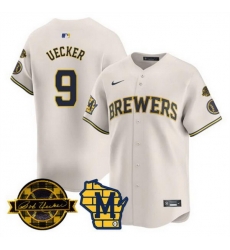 Men Milwaukee Brewers 9 Bob Uecker Cream With Home 26 Bob Uecker Patch Limited Stitched Baseball Jersey Men Milwaukee Brewers 9 Bob Uecker Cream With Home 26 Bob Uecker Patch Limited Stitched Baseball Jersey