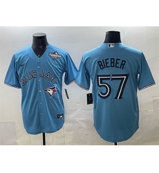Men Toronto Blue Jays 57 Shane Bieber Blue 2025 World Series Cool Base Stitched Baseball Jersey Men Toronto Blue Jays 57 Shane Bieber Blue 2025 World Series Cool Base Stitched Baseball Jersey