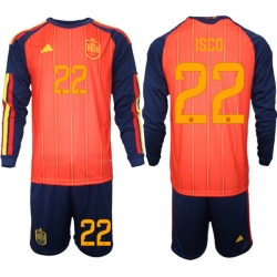 Spain 2026 FIFA World Cup Soccer Jersey Red LONG #22 ISCO