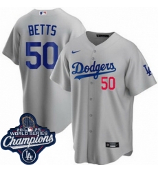 Men Los Angeles Dodgers 50 Mookie Betts Cool Base 2025 World Champions Stitched Baseball Jersey Gray Men Los Angeles Dodgers 50 Mookie Betts Cool Base 2025 World Champions Stitched Baseball Jersey Gray
