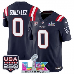 Men New England Patriots 0 Christian Gonzalez Navy 2025 F U S E  Super Bowl LX Patch And USA 250 27 Patch Vapor Limited Football Stitched Jersey