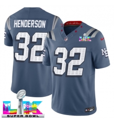 Men New England Patriots 32 TreVeyon Henderson Storm Blue 2025 F U S E  Super Bowl LX Patch  Rivalries Vapor Limited Stitched Football Jersey