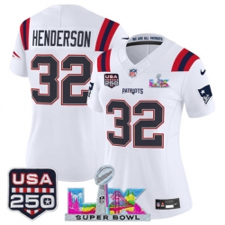 Women New England Patriots 32 TreVeyon Henderson White 2025 F U S E  Super Bowl LX Patch And USA 250 27 Patch Vapor Limited Football Stitched Jersey 