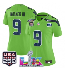 Women Seattle Seahawks 9 Kenneth Walker III Green 2025 F U S E  Super Bowl LX Patch And 50th Season  26 USA 250 27 Patch Vapor Limited Football Stitched Je