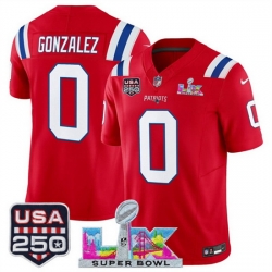 Youth New England Patriots 0 Christian Gonzalez Red 2025 F U S E  Super Bowl LX Patch And USA 250 27 Patch Vapor Limited Stitched Football Jersey