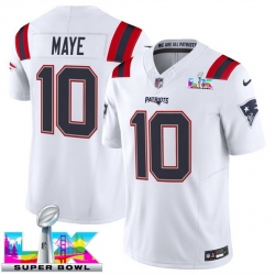 Youth New England Patriots 10 Drake Maye White 2025 F U S E  Super Bowl LX Patch Vapor Limited Stitched Football Jersey