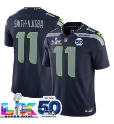 Men Seattle Seahawks 11 Jaxon Smith Njigba Navy 2025 F U S E  Super Bowl LX Patch And 50th Season Patch Vapor Limited Stitched Football Jersey