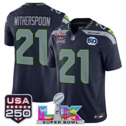 Men Seattle Seahawks 21 Devon Witherspoon Navy 2025 F U S E  Super Bowl LX Patch And 50th Season  USA 250 Patch Vapor Limited Football Stitched Jersey