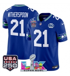 Men Seattle Seahawks 21 Devon Witherspoon Royal 2025 F U S E  Super Bowl LX Patch And 50th Season  USA 250 Patch Vapor Throwback Limited Stitched Football 