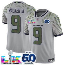 Men Seattle Seahawks 9 Kenneth Walker III Grey 2025 F U S E  Super Bowl LX Patch And 50th Season Patch  Rivalries Vapor Limited Stitched Football Jersey