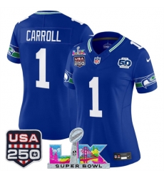 Women Seattle Seahawks 1 Pete Carroll Royal 2025 F U S E Super Bowl LX Patch And 50th Season  USA 250 Patch Vapor Throwback Limited Stitched Football Jerse