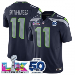 Women Seattle Seahawks 11 Jaxon Smith Njigba Navy 2025 F U S E  Super Bowl LX Patch And 50th Season Patch Vapor Limited Stitched Football Jersey 
