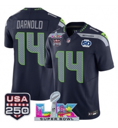 Youth Seattle Seahawks 14 Sam Darnold Navy 2025 F U S E  Super Bowl LX Patch And 50th Season  USA 250 Patch Vapor Limited Stitched Football Jersey