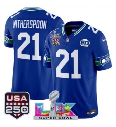 Youth Seattle Seahawks 21 Devon Witherspoon Royal 2025 F U S E  Super Bowl LX Patch And 50th Season  USA 250 Patch Vapor Throwback Limited Stitched Footbal