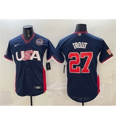 Men USA Baseball 27 Mike Trout Navy 2026 World Baseball Classic United States 250th Anniversary Patch Road Stadium Stitched Jersey Men USA Baseball 27 Mike Trout Navy 2026 World Baseball Classic United States 250th Anniversary Patch Road Stadium Stitched Jersey