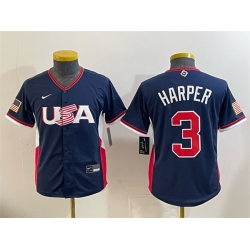 Youth USA Baseball  3 Bryce Harper Navy 2026 World Baseball Classic Stadium Stitched Baseball Jersey
